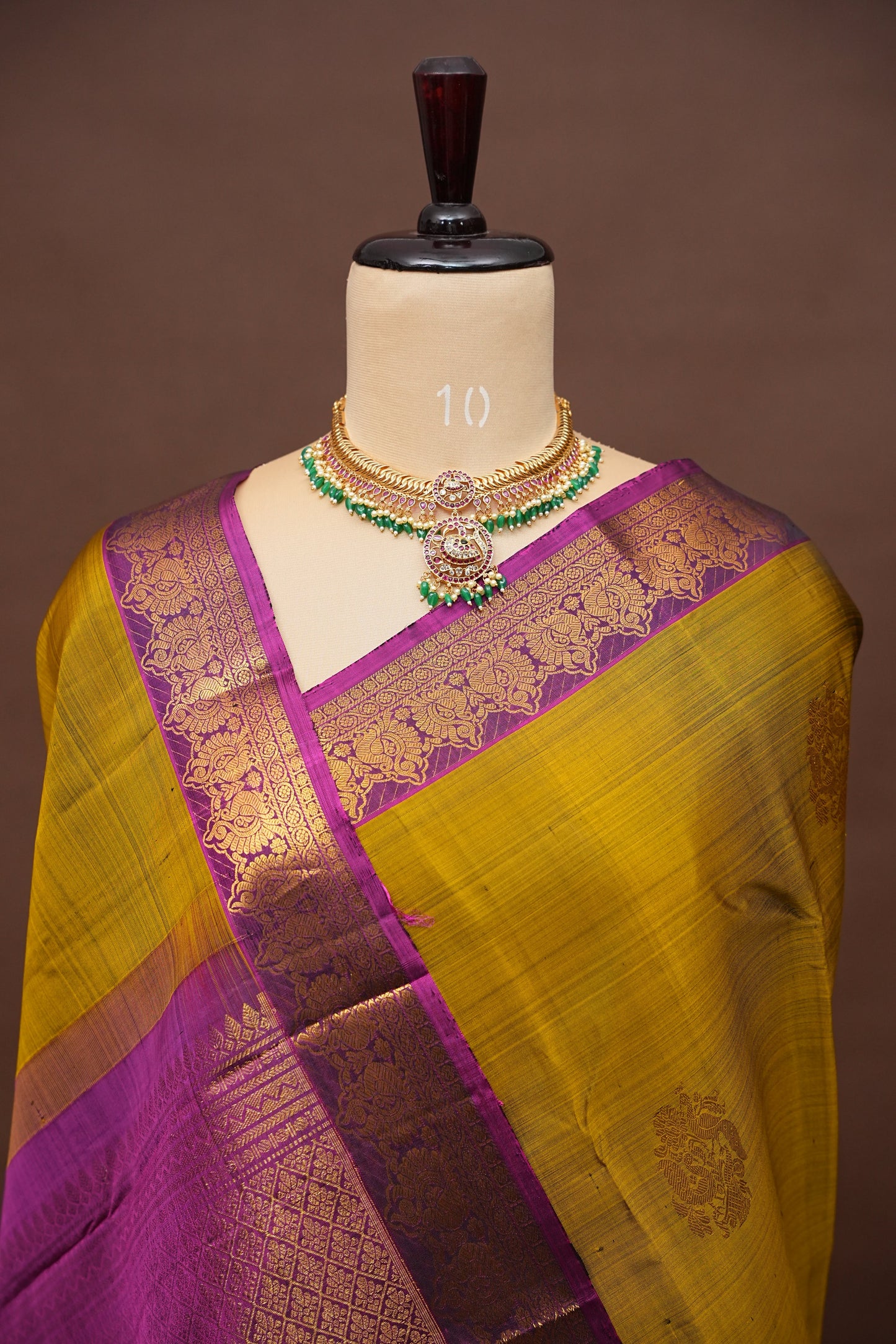 Pure Kanchipuram Silk Saree - Burnt Olive Green with Deep Magenta| Silk Mark Certified