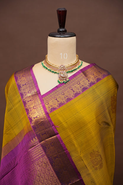 Pure Kanchipuram Silk Saree - Burnt Olive Green with Deep Magenta| Silk Mark Certified