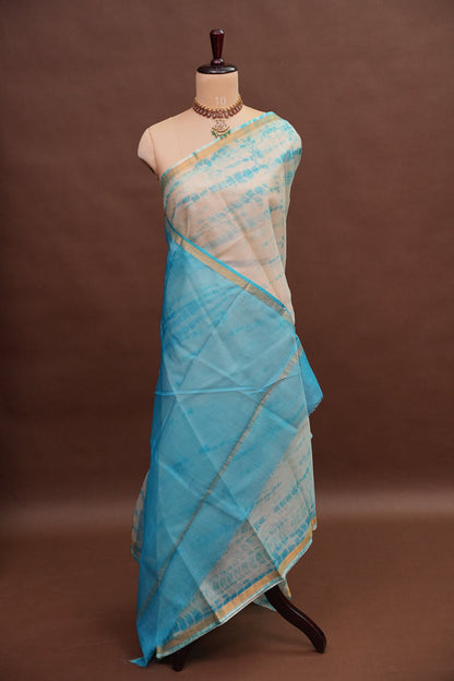Silk Kota Shibori Tie & Dye Saree - Blue and white