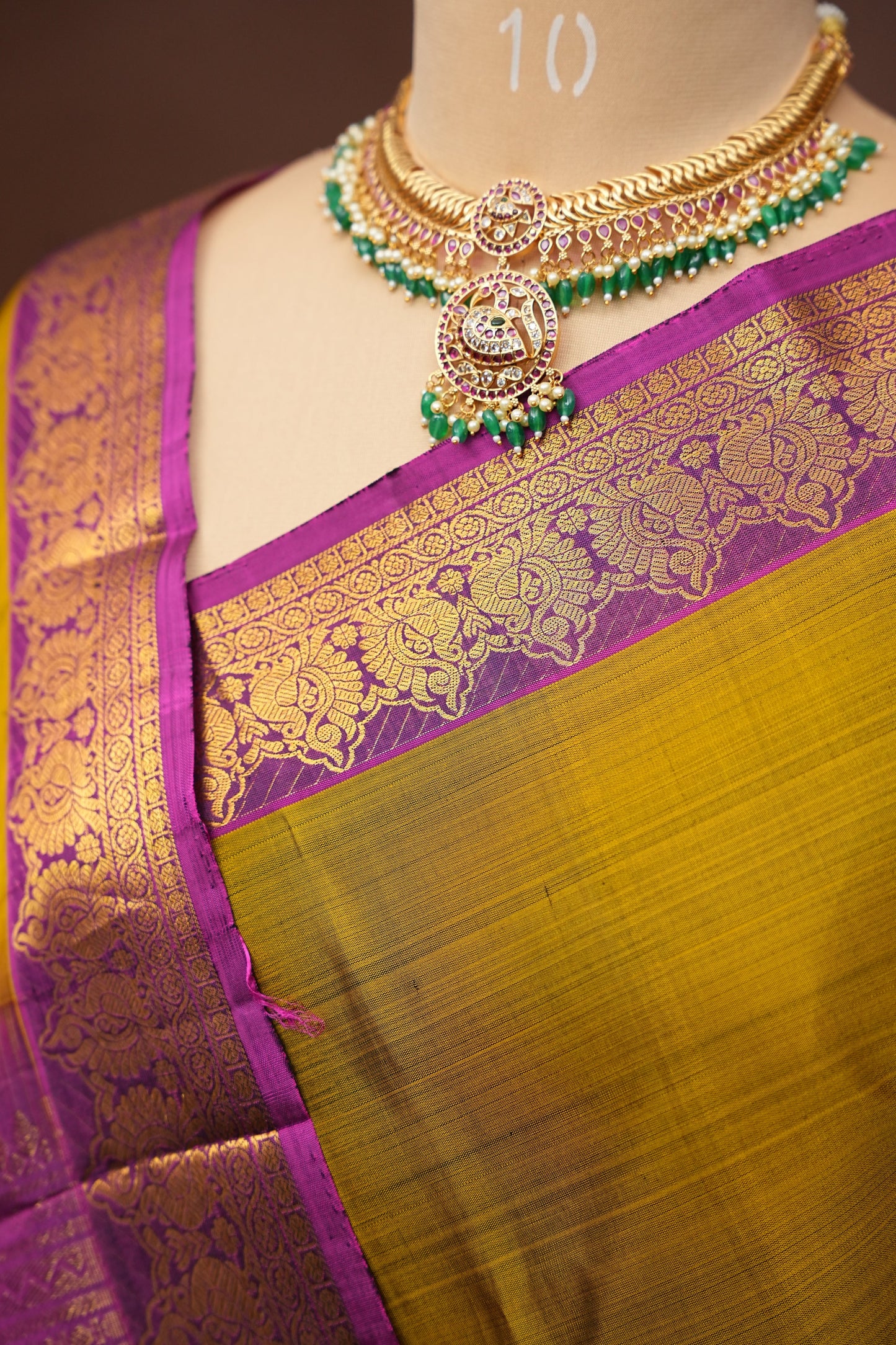 Pure Kanchipuram Silk Saree - Burnt Olive Green with Deep Magenta| Silk Mark Certified