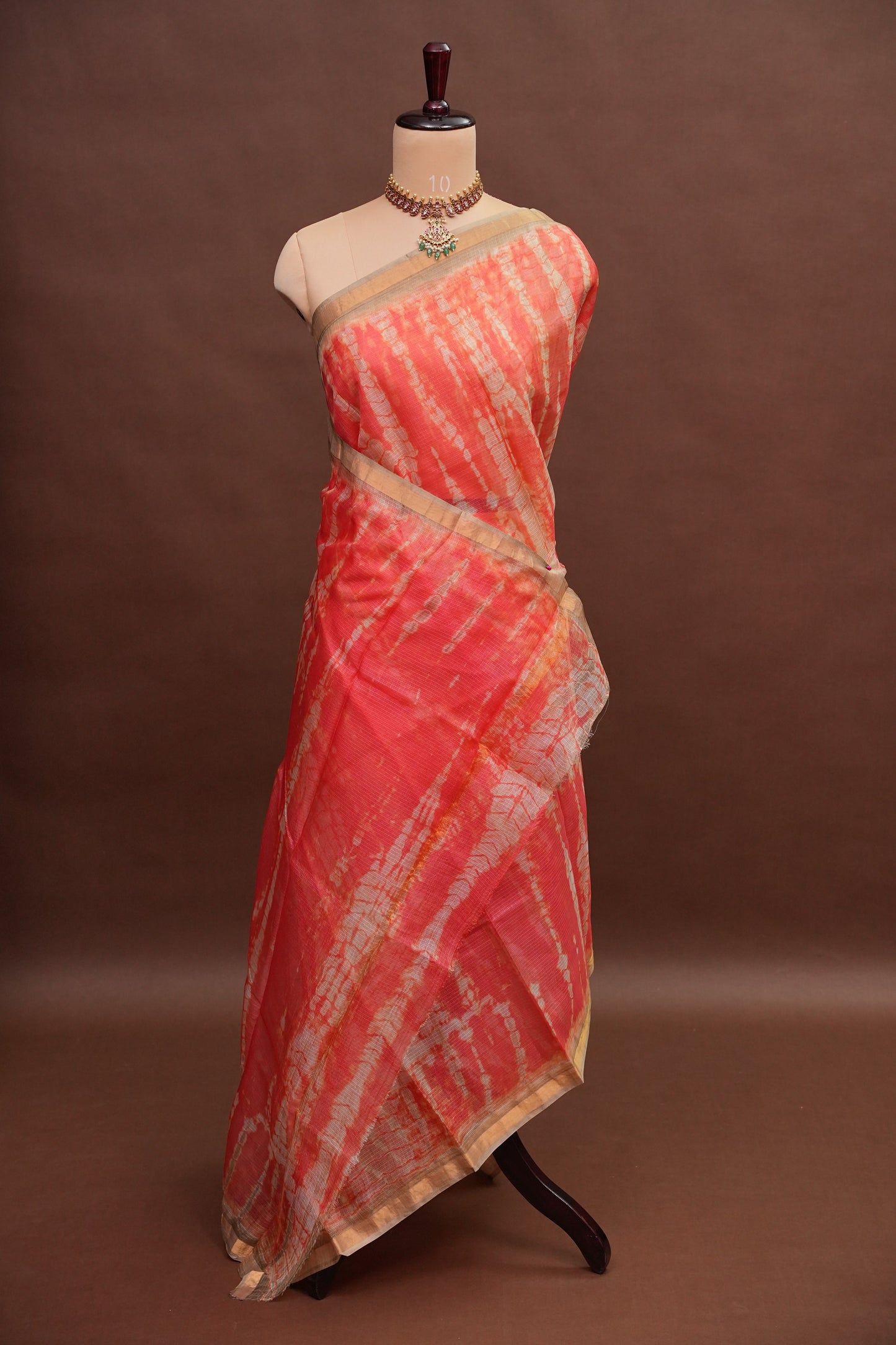 Silk Kota Shibori Tie & Dye Saree - Orange & Mud Brown