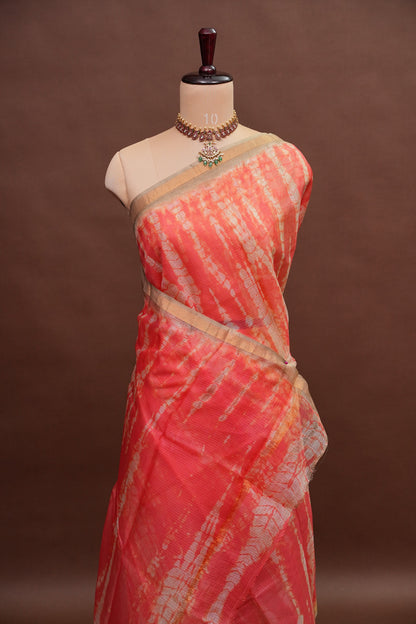 Silk Kota Shibori Tie & Dye Saree - Orange & Mud Brown