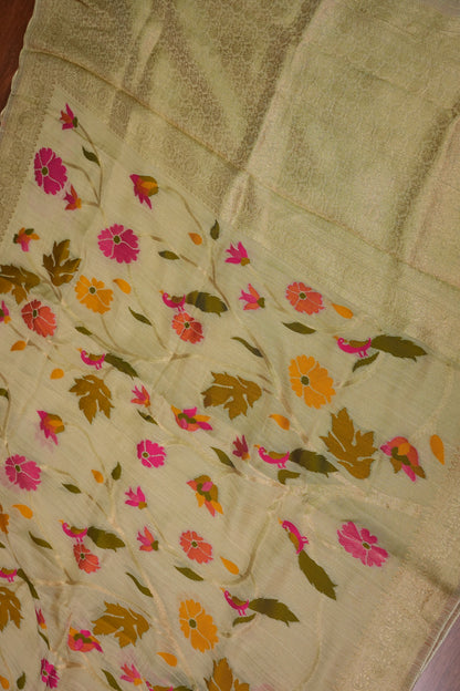 Soft Matka Banarasi Saree with Needle Design Work – Half White