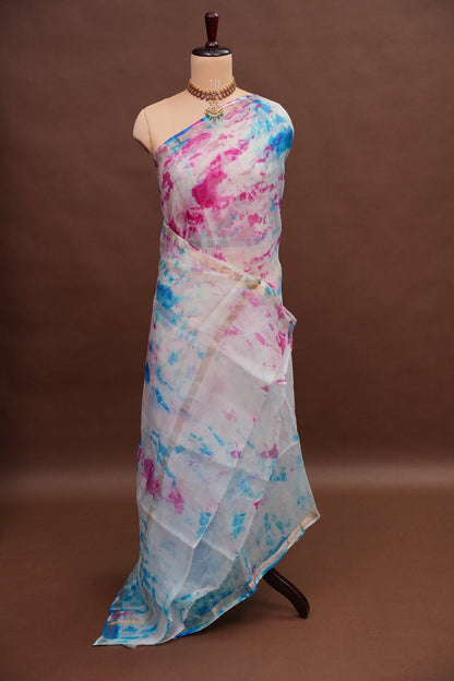 Silk Kota Shibori Tie & Dye Saree - White with Pink & Blue