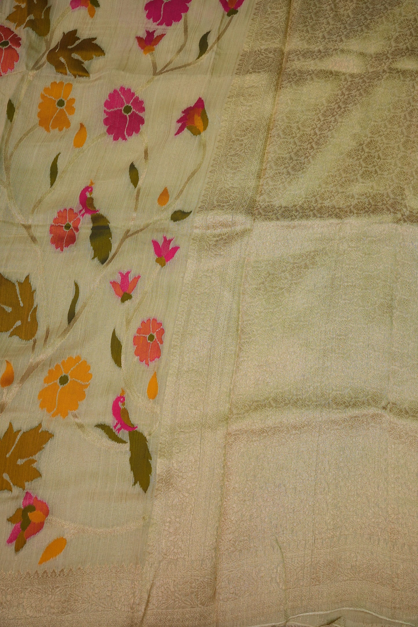 Soft Matka Banarasi Saree with Needle Design Work – Half White
