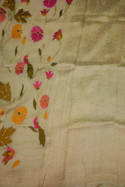 Soft Matka Banarasi Saree with Needle Design Work – Half White