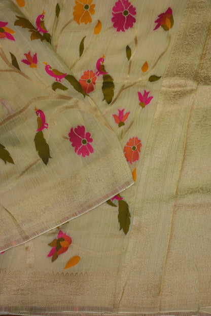 Soft Matka Banarasi Saree with Needle Design Work – Half White