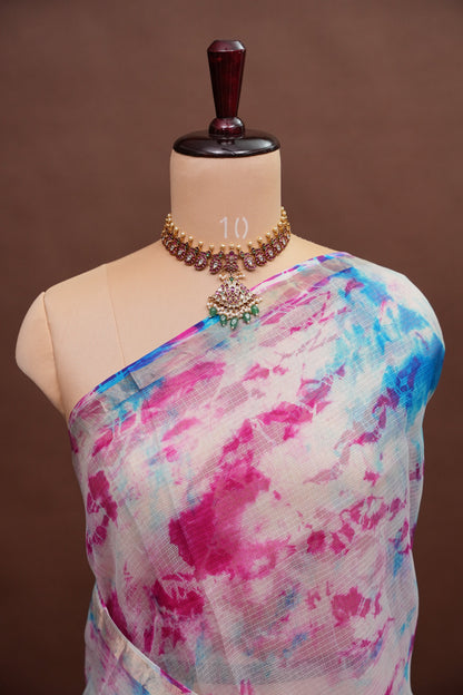Silk Kota Shibori Tie & Dye Saree - White with Pink & Blue