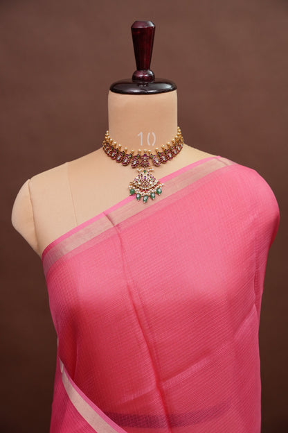 Silk Kota Plain Saree - Candy Pink