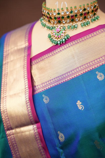 Peacock Blue & Purple Pure Kanchipuram Silk Saree|Silk Mark Certified