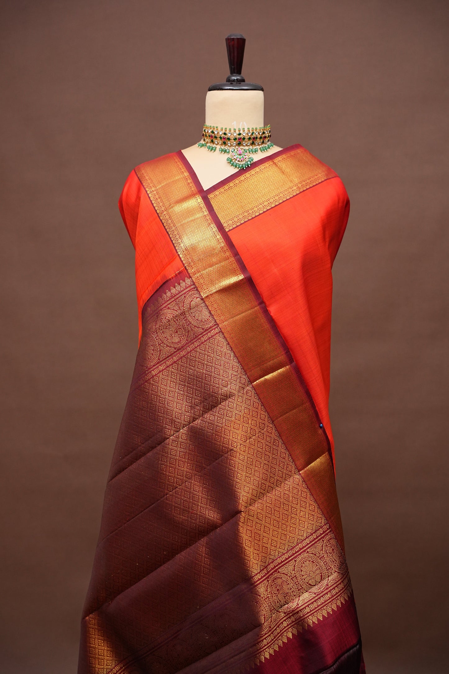 Pure Kanchipuram Silk Saree - Orange & Maroon| Silk Mark Certified