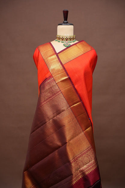 Pure Kanchipuram Silk Saree - Orange & Maroon| Silk Mark Certified