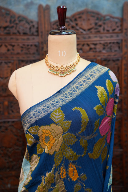 Soft Matka Banarasi Saree with Needle Design Work – Peacock Blue