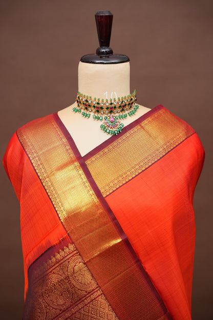 Pure Kanchipuram Silk Saree - Orange & Maroon| Silk Mark Certified