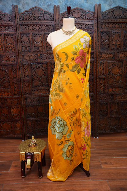 Soft Matka Banarasi Saree with Needle Design Work – Mustard Yellow