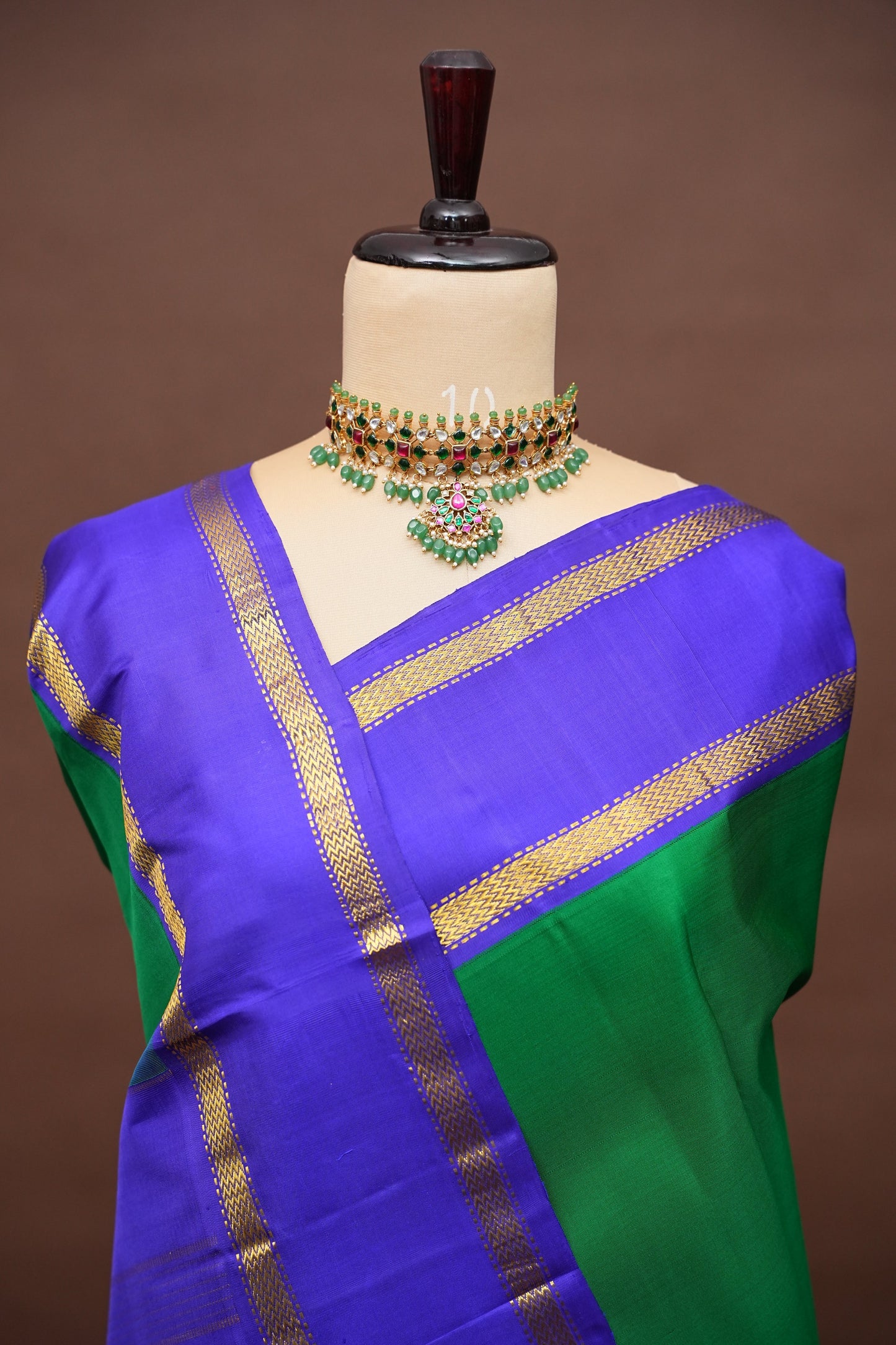 Emerald Green & Royal Blue Border Pure Kanchipuram Silk Saree|Silk Mark Certified
