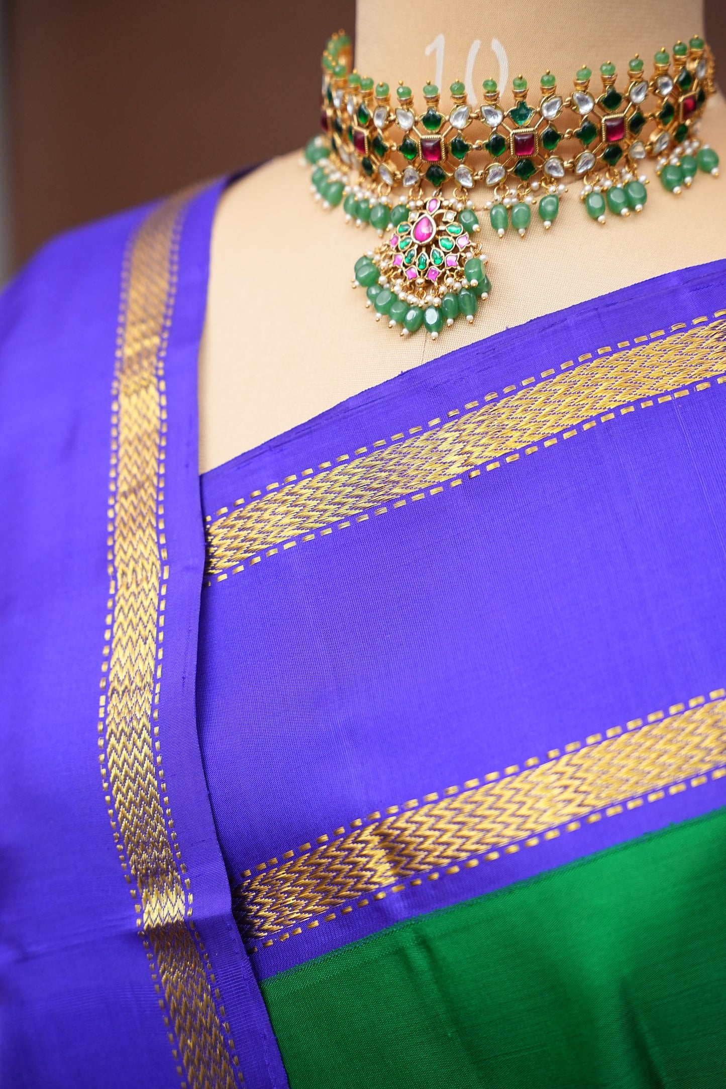 Emerald Green & Royal Blue Border Pure Kanchipuram Silk Saree|Silk Mark Certified