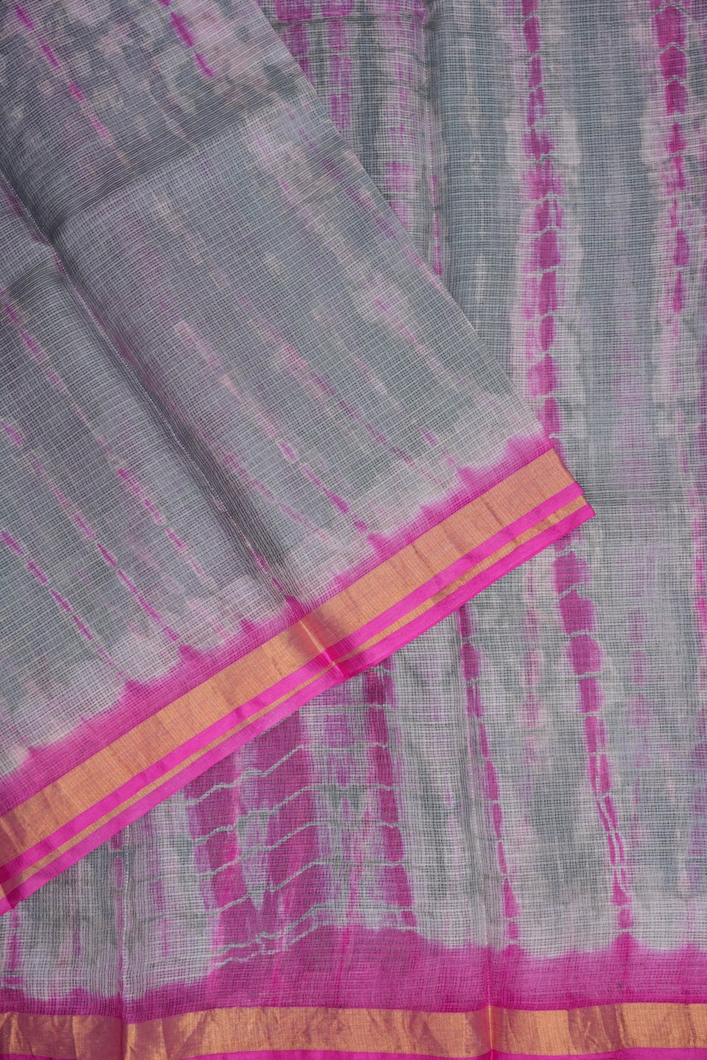 Silk Kota Shibori Tie & Dye Saree - Grey and Pink