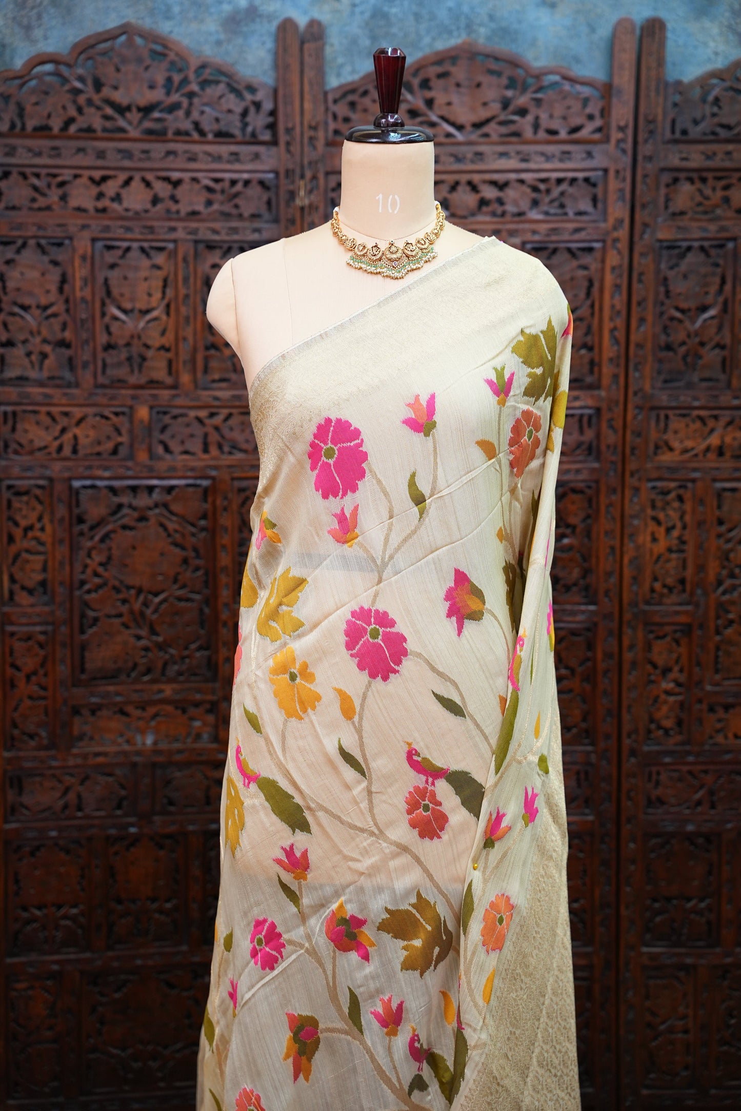 Soft Matka Banarasi Saree with Needle Design Work – Half White