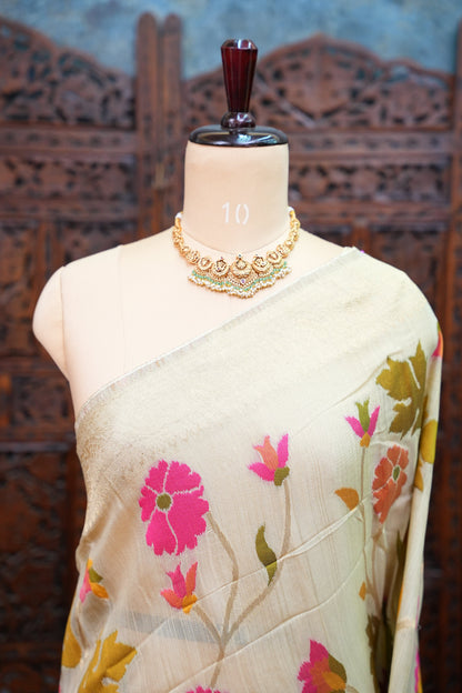 Soft Matka Banarasi Saree with Needle Design Work – Half White