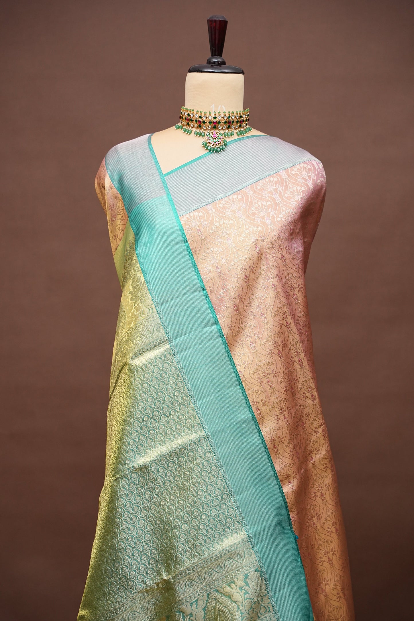 Pure Tissue Kanchipuram Silk Saree - Peachish Pink with Turquoise Green|Silk Mark Certified