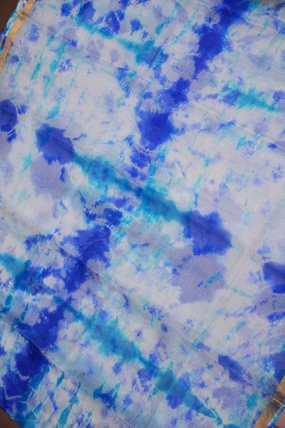 Silk Kota Shibori Tie & Dye Saree - White and Blue