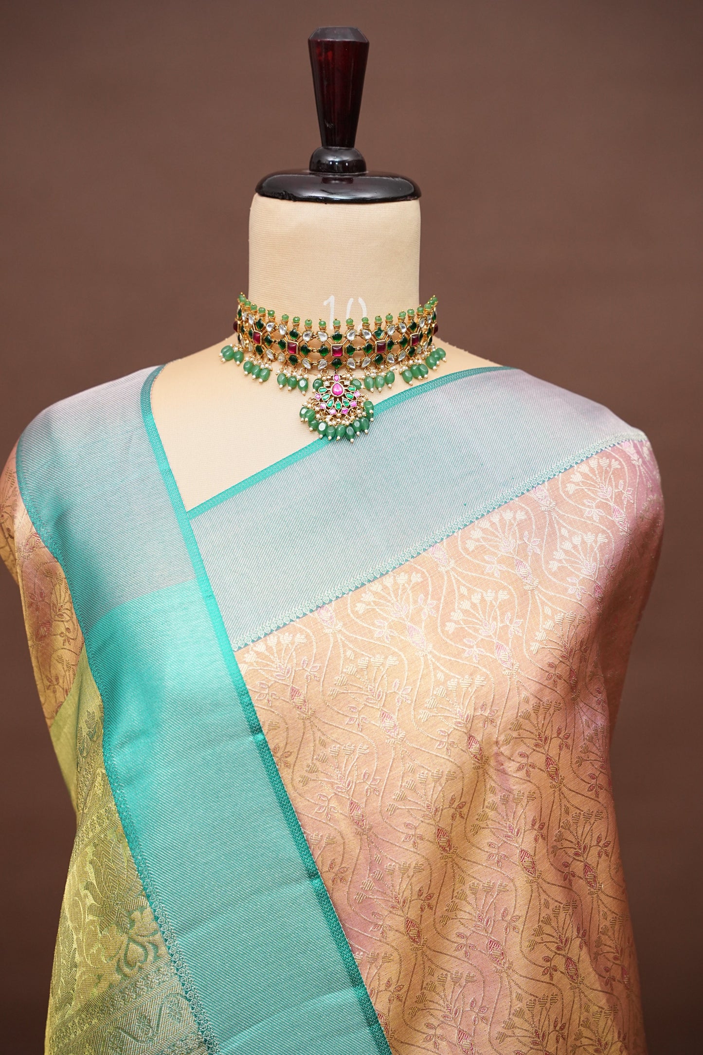 Pure Tissue Kanchipuram Silk Saree - Peachish Pink with Turquoise Green|Silk Mark Certified