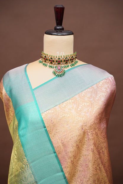 Pure Tissue Kanchipuram Silk Saree - Peachish Pink with Turquoise Green|Silk Mark Certified