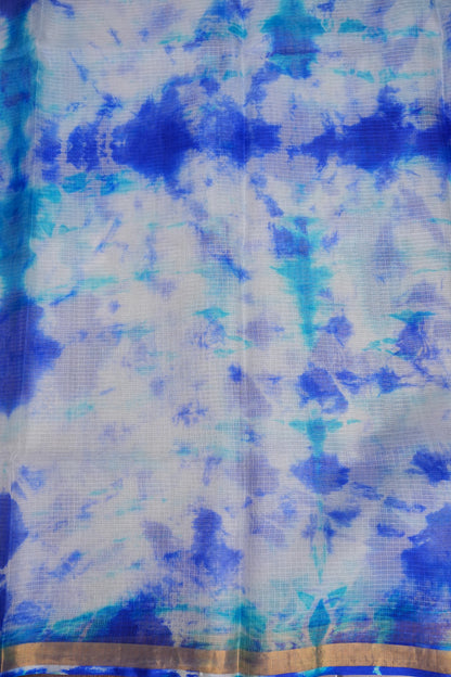 Silk Kota Shibori Tie & Dye Saree - White and Blue