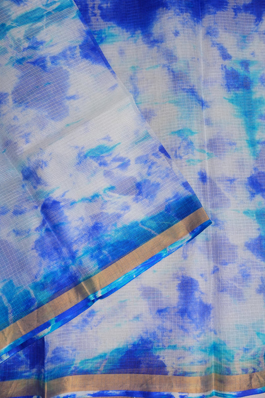 Silk Kota Shibori Tie & Dye Saree - White and Blue