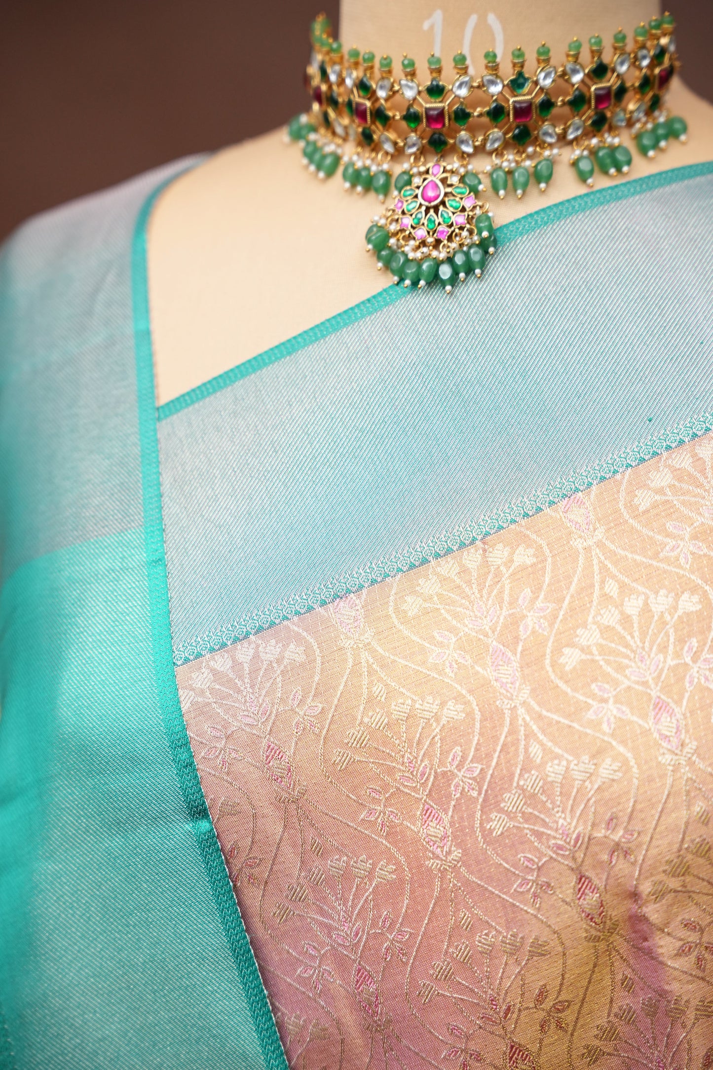 Pure Tissue Kanchipuram Silk Saree - Peachish Pink with Turquoise Green|Silk Mark Certified