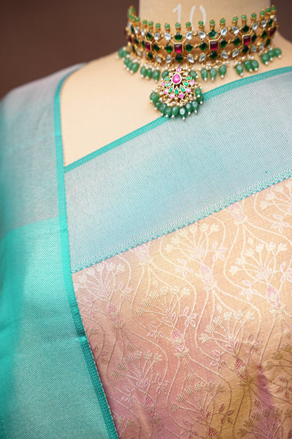 Pure Tissue Kanchipuram Silk Saree - Peachish Pink with Turquoise Green|Silk Mark Certified