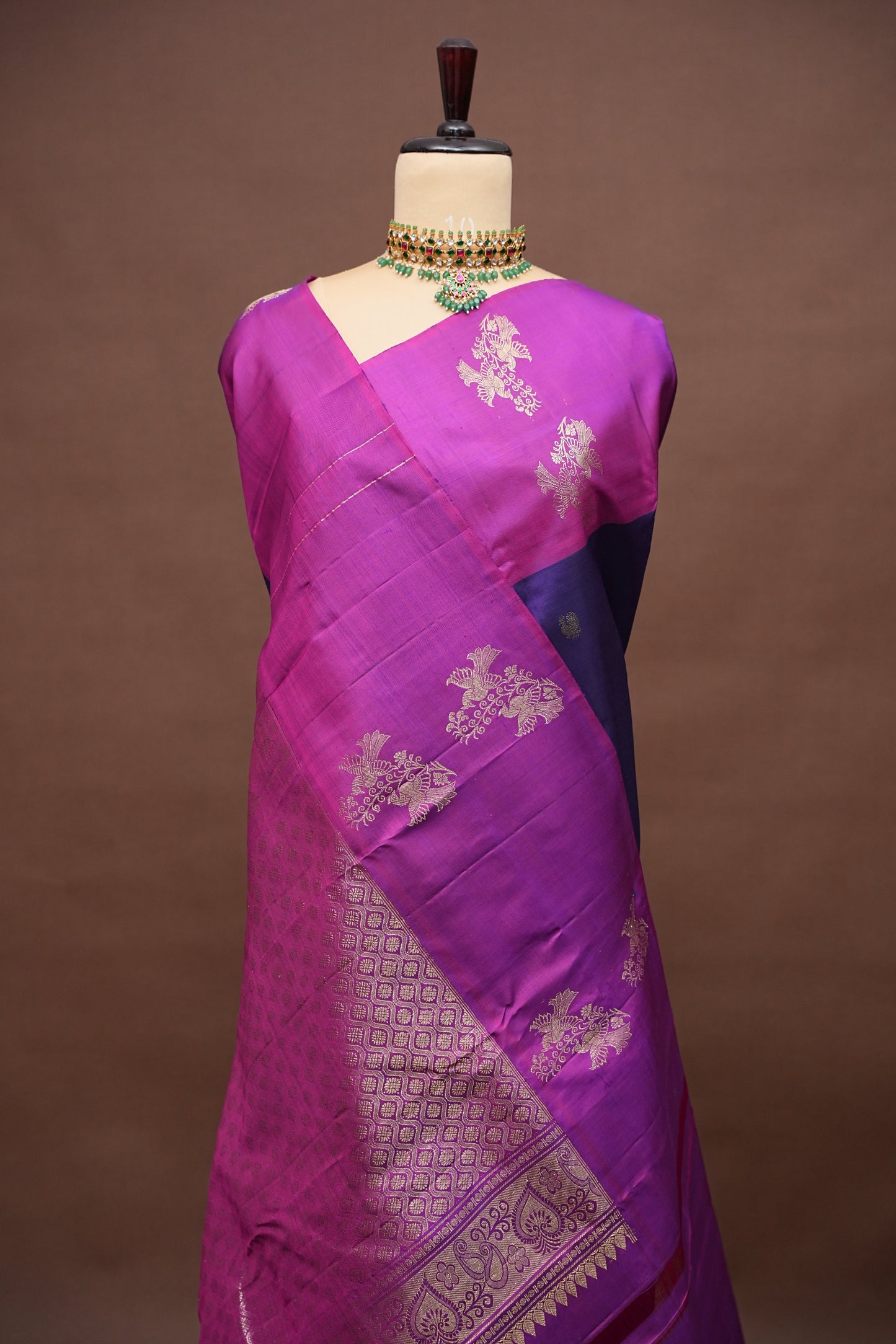 Pure Kanchipuram Silk Saree - Deep Purple With Pink Border| Silk Mark Certified