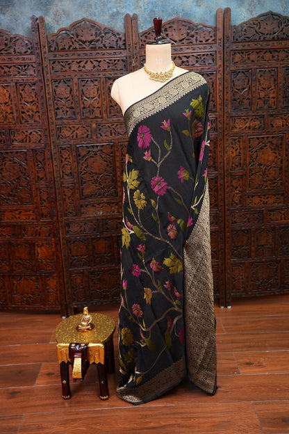 Soft Matka Banarasi Saree with Needle Design Work – Black