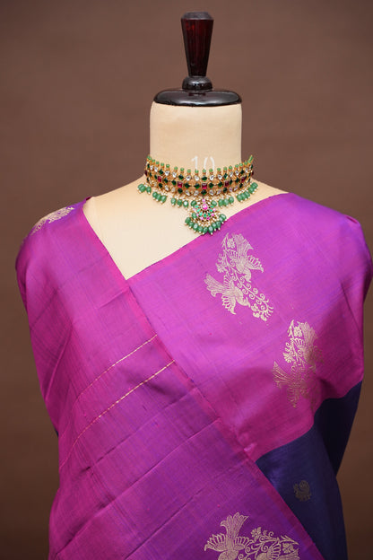 Pure Kanchipuram Silk Saree - Deep Purple With Pink Border| Silk Mark Certified
