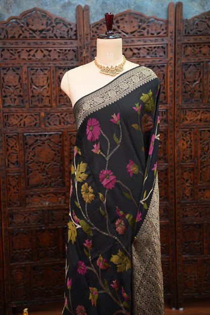 Soft Matka Banarasi Saree with Needle Design Work – Black