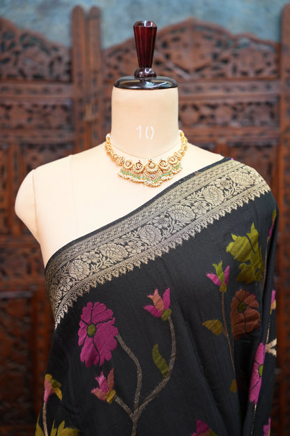 Soft Matka Banarasi Saree with Needle Design Work – Black