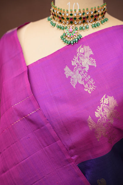 Pure Kanchipuram Silk Saree - Deep Purple With Pink Border| Silk Mark Certified