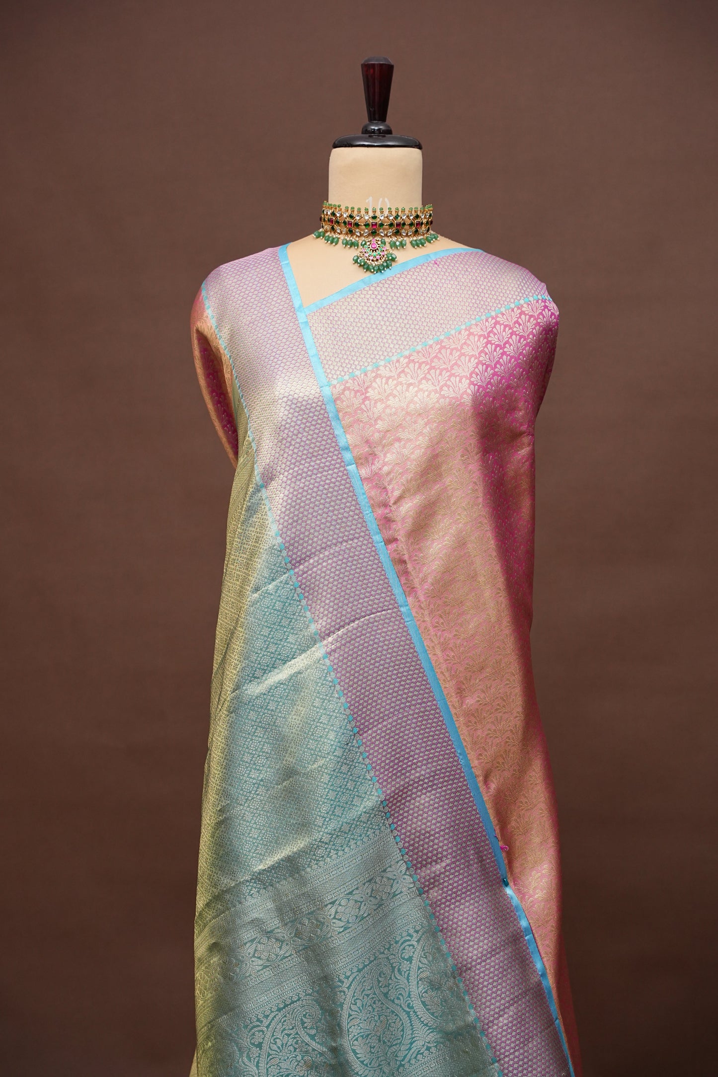 Pure Tissue Kanchipuram Silk Saree - Pinkish Peach with Aqua Blue| Silk Mark Certified