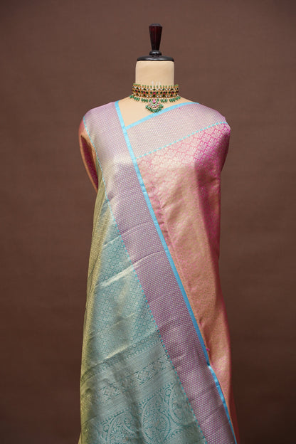 Pure Tissue Kanchipuram Silk Saree - Pinkish Peach with Aqua Blue| Silk Mark Certified