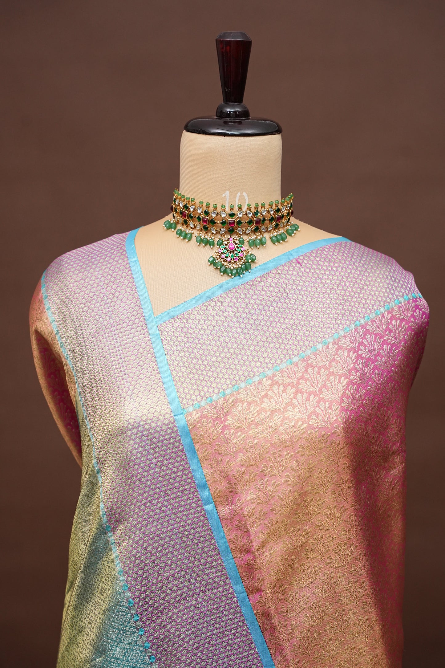 Pure Tissue Kanchipuram Silk Saree - Pinkish Peach with Aqua Blue| Silk Mark Certified