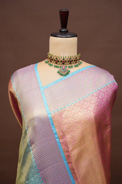 Pure Tissue Kanchipuram Silk Saree - Pinkish Peach with Aqua Blue| Silk Mark Certified