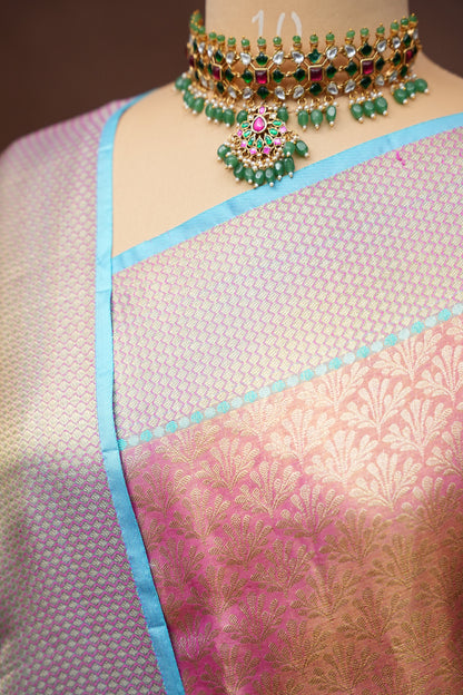 Pure Tissue Kanchipuram Silk Saree - Pinkish Peach with Aqua Blue| Silk Mark Certified
