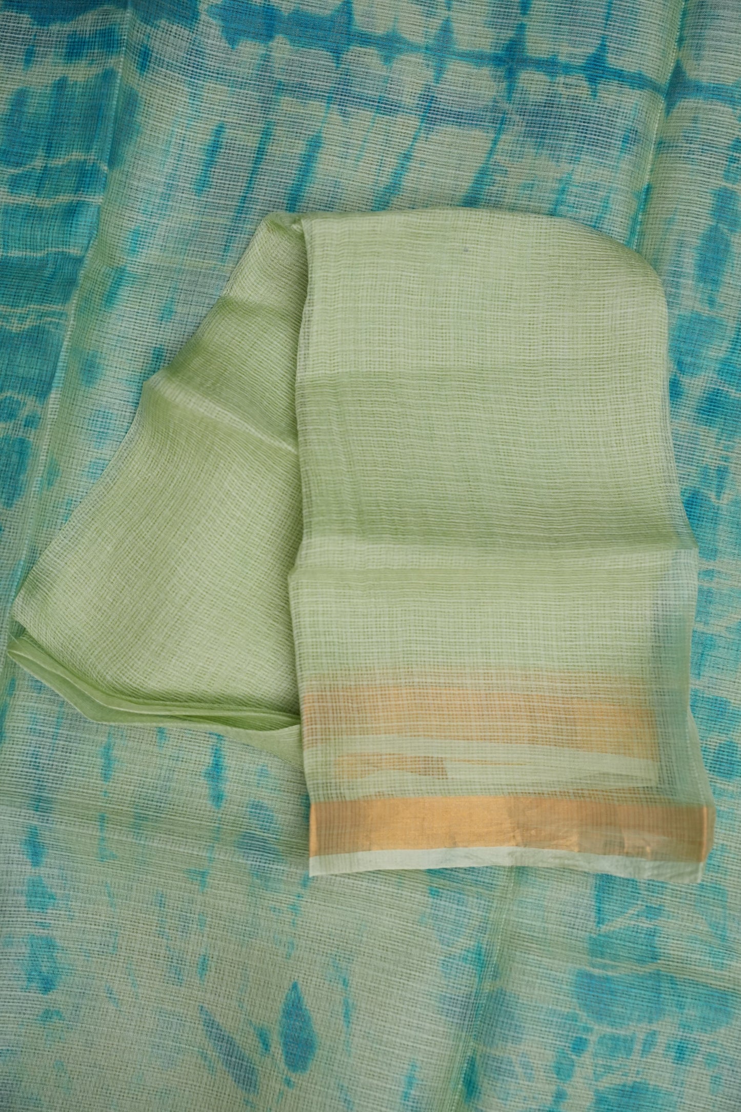 Silk Kota Shibori Tie & Dye Saree - Sage Green & Blue