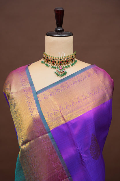 Purple & Teal Pure Kanchipuram Silk Saree|Silk Mark Certified