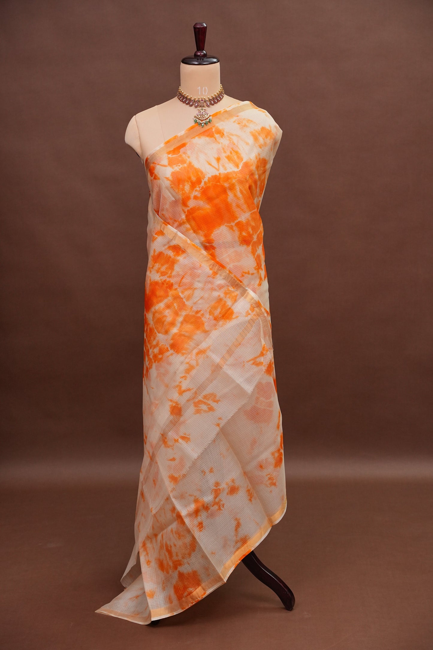 Silk Kota Shibori Tie & Dye Saree - Orange and White