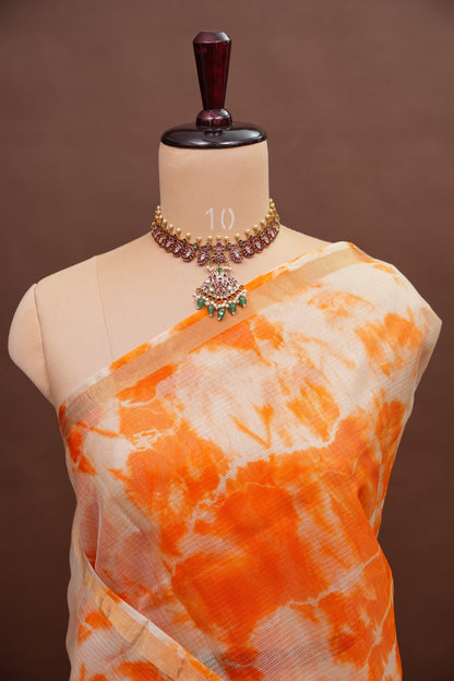 Silk Kota Shibori Tie & Dye Saree - Orange and White