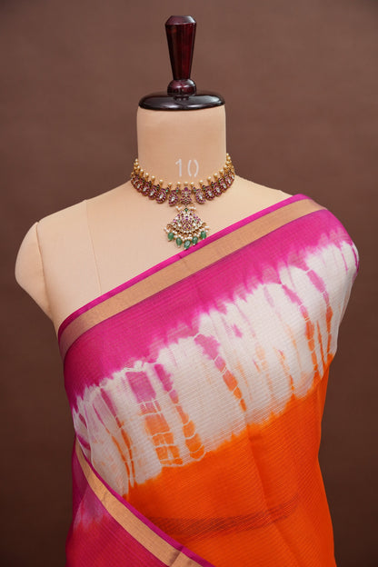 Silk Kota Shibori Tie & Dye Saree - Orange and Pink