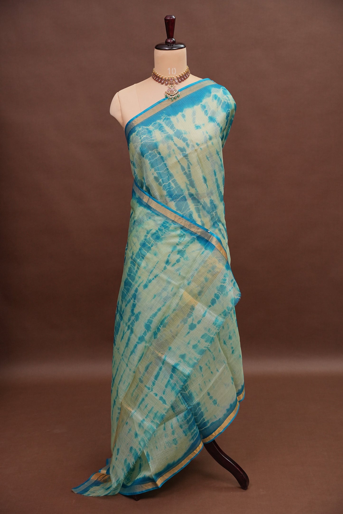 Silk Kota Shibori Tie & Dye Saree - Sage Green & Blue