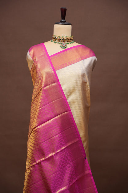 Ivory & Pink Pure Tissue Kanchipuram Silk Saree|Silk Mark Certified